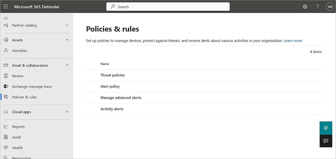 Screenshot of the Microsoft 365 Defender Policies and rules page